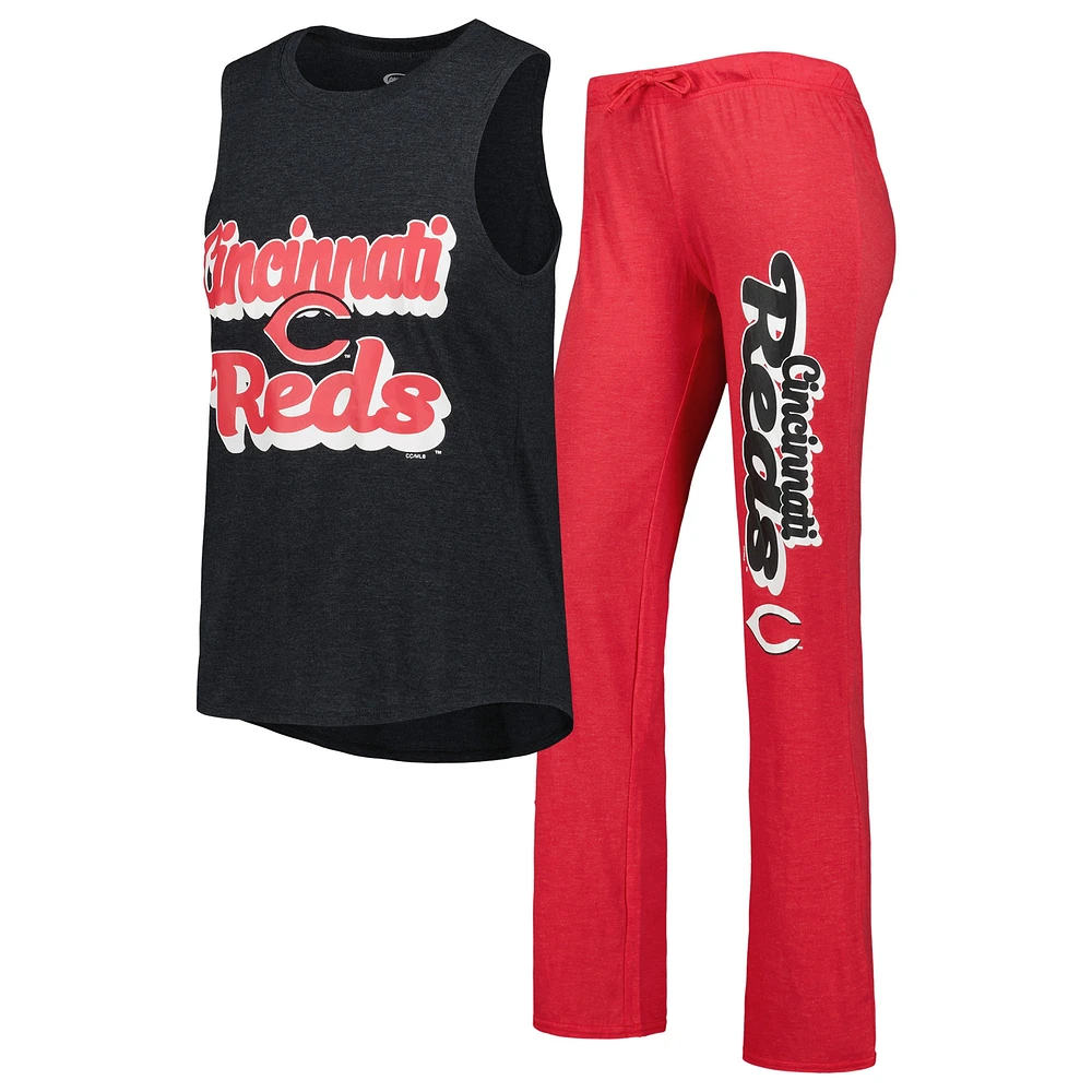 Concepts Sport Heather Red/Heather Black Cincinnati Reds Wordmark Meter Muscle Débardeur et pantalon Ensemble de nuit