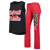 Concepts Sport Heather Red/Heather Black Cincinnati Reds Wordmark Meter Muscle Débardeur et pantalon Ensemble de nuit