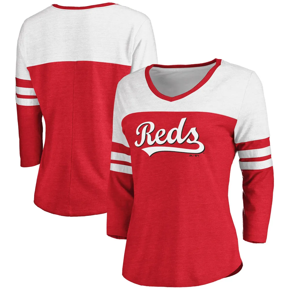 Lids Cincinnati Reds Fanatics Branded Women's Official Wordmark 3/4 Sleeve  V-Neck Tri-Blend T-Shirt - Heathered Red/White