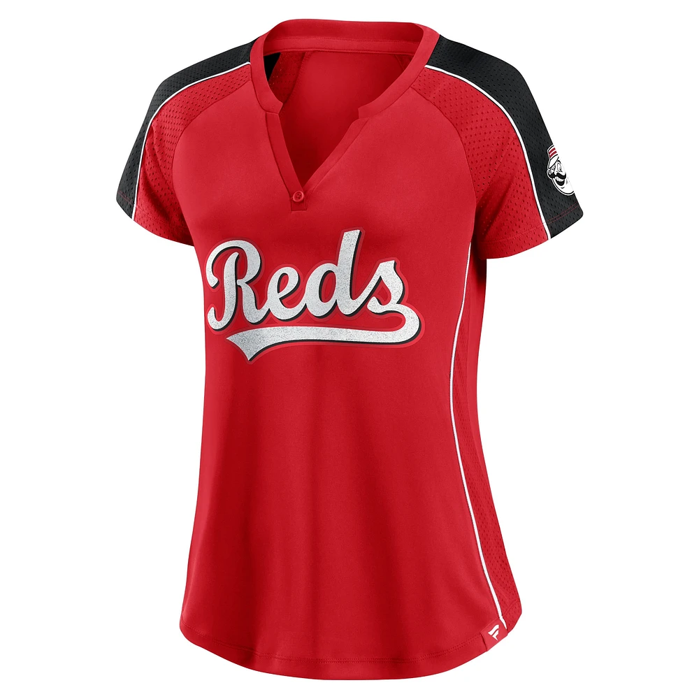 T-shirt à col cranté raglan Fanatics pour femmes, rouge, Cincinnati Reds, League Diva