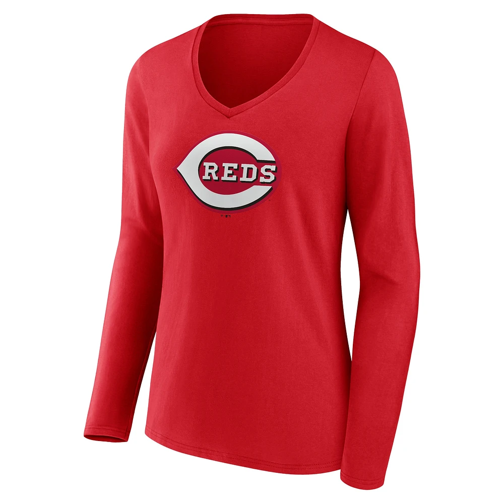 T-shirt à manches longues et col en V avec logo officiel des Cincinnati Reds Fanatics Red pour femmes