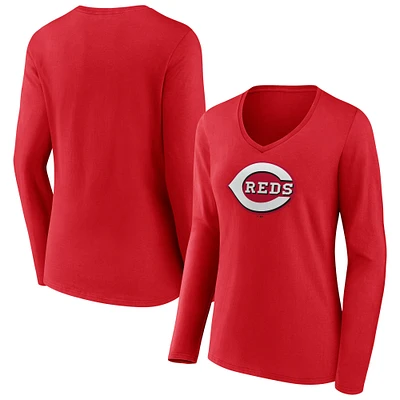 T-shirt à manches longues et col en V avec logo officiel des Cincinnati Reds Fanatics Red pour femmes