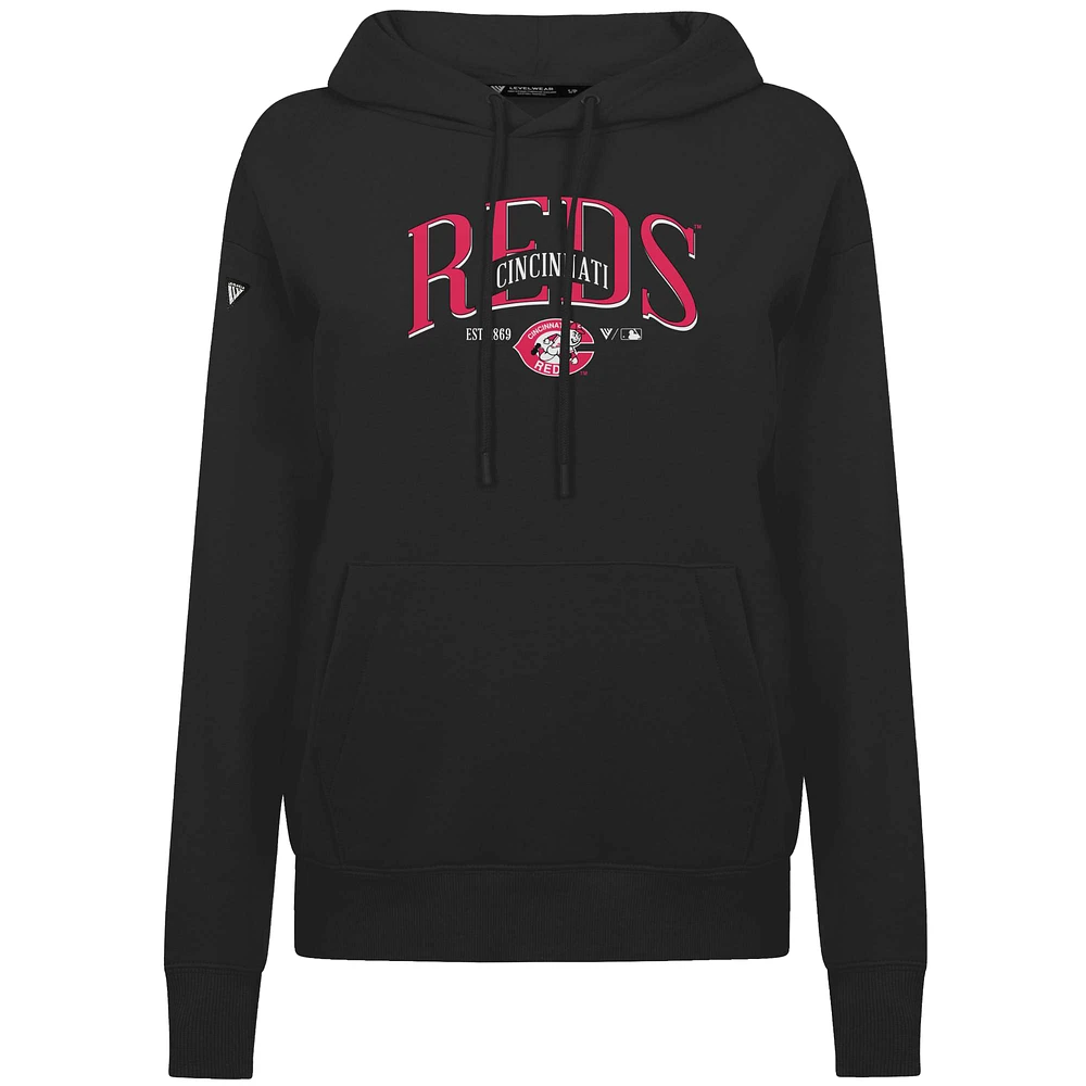 Women's Levelwear Black Cincinnati Reds  Adorn Throwback Spellout Pullover Hoodie