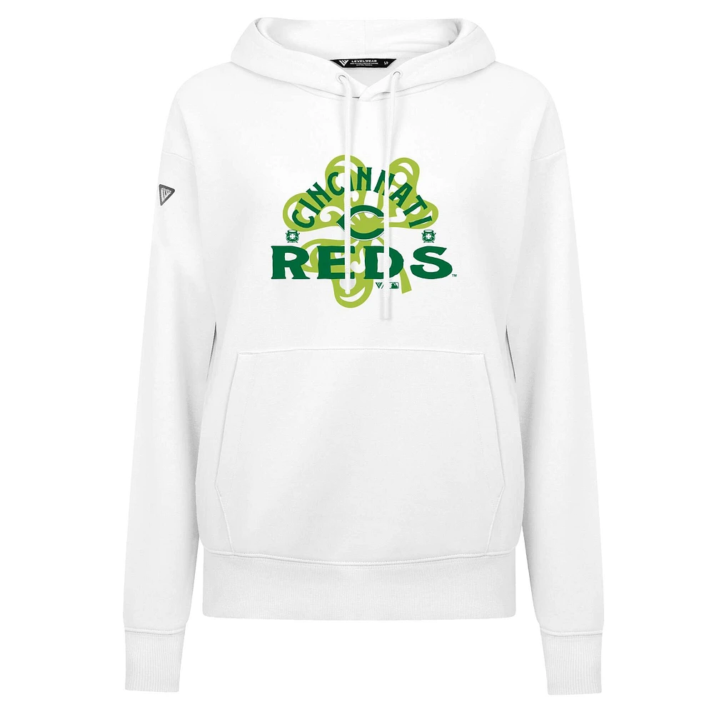 Sweat à capuche blanc pour femme Levelwear Cincinnati Reds St. Patrick's Day Adorn Shamrock