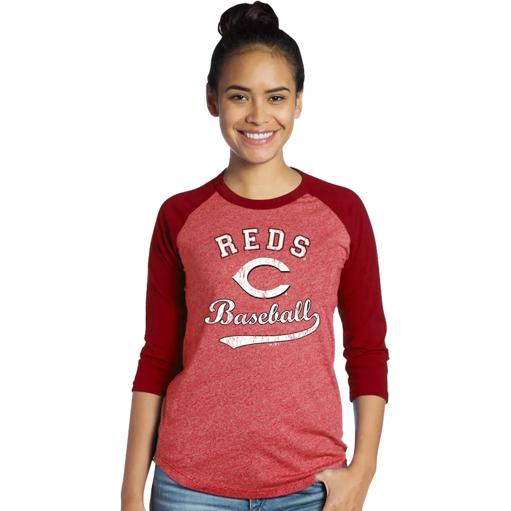 Majestic Threads Women's Navy Cleveland Indians Team Baseball Three-Quarter Raglan Sleeve Tri-Blend T-Shirt - Navy