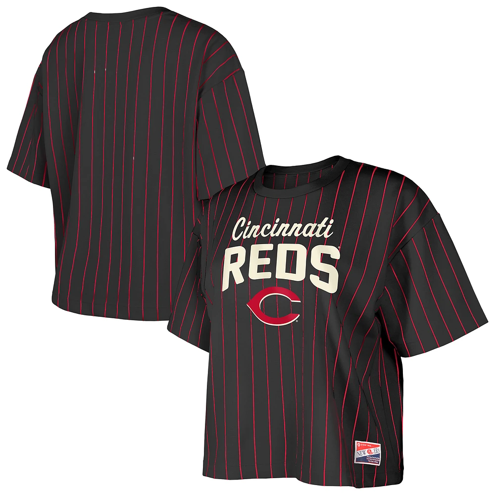Women's New Era Black Cincinnati Reds Cooperstown Collection Multiplier Pinstripe Cropped T-Shirt