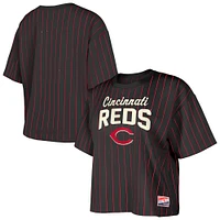 Women's New Era Black Cincinnati Reds Cooperstown Collection Multiplier Pinstripe Cropped T-Shirt