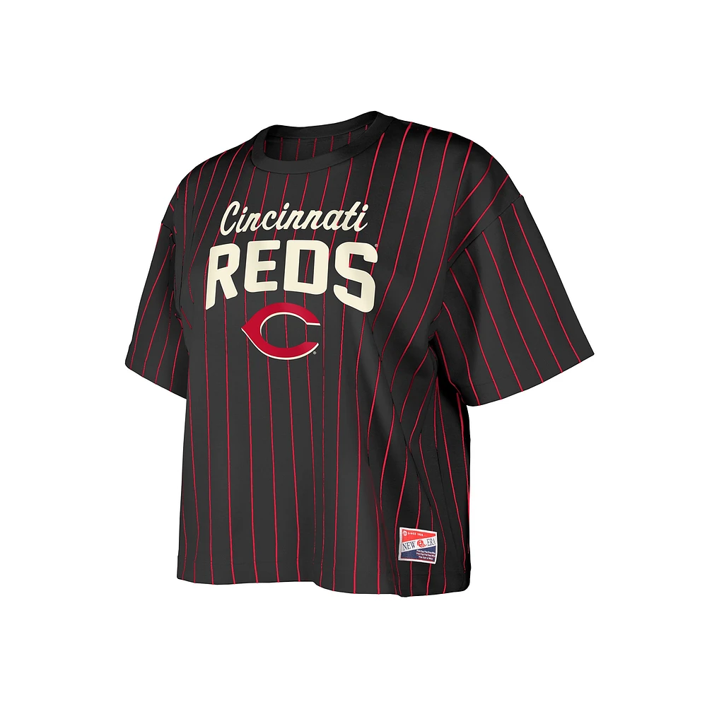 Women's New Era Black Cincinnati Reds Cooperstown Collection Multiplier Pinstripe Cropped T-Shirt