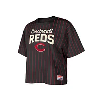 Women's New Era Black Cincinnati Reds Cooperstown Collection Multiplier Pinstripe Cropped T-Shirt