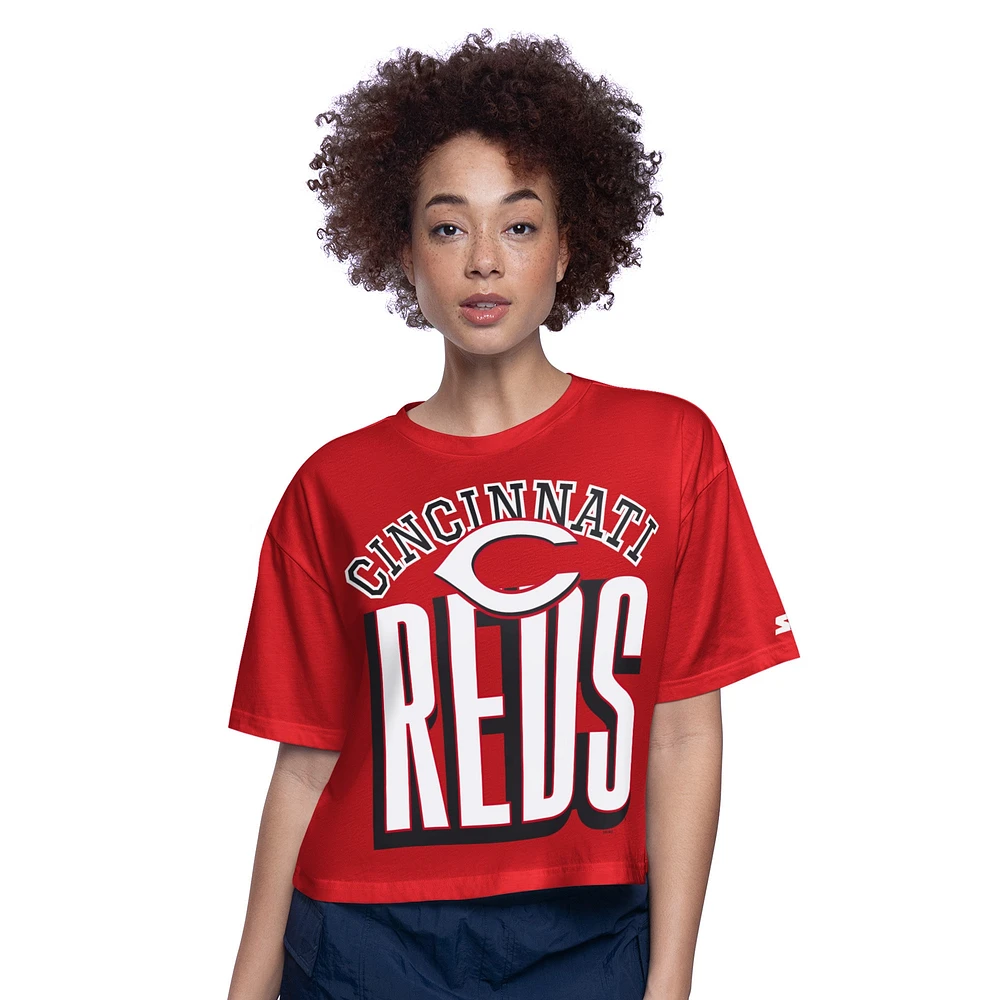 T-shirt court et boxy rouge Cincinnati Reds pour femme, motif Starter, Play the Ball