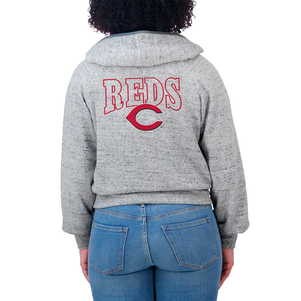 Women's WEAR by Erin Andrews  Heather Gray Cincinnati Reds Speckled Fleece Cropped Full-Zip Hoodie