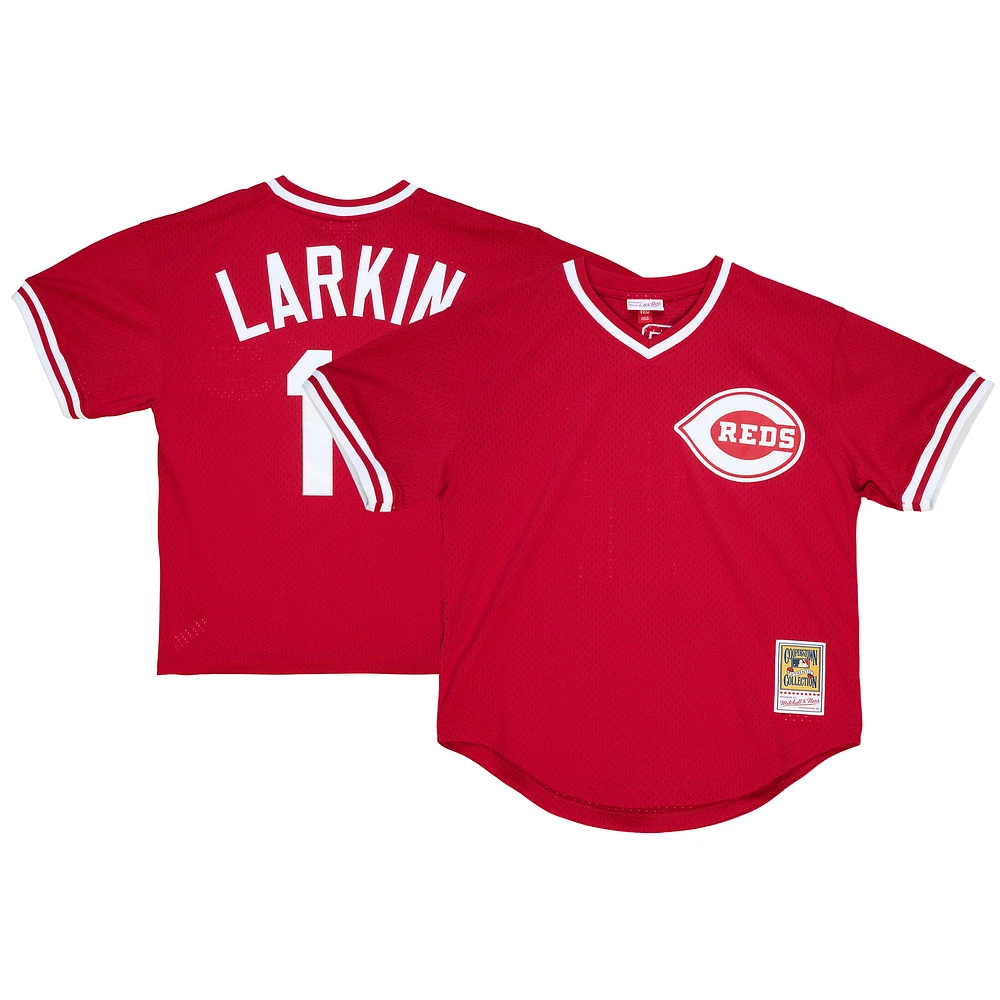 Mitchell & Ness Barry Larkin Rouge Cincinnati Reds Cooperstown Collection Maillot d'entraînement au bâton en maille pour jeune