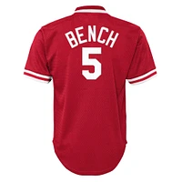 Maillot d'entraînement au bâton en maille pour jeunes Mitchell & Ness Johnny Bench, rouge, Cincinnati Reds, collection Cooperstown