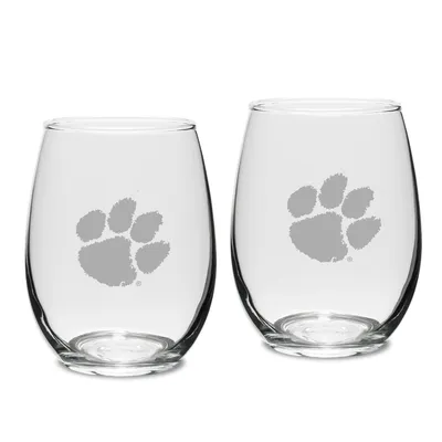 Clemson Tigers Set of 2 Deep Etched Engraved Stemless Wine Glasses