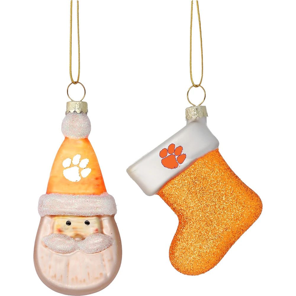 Ensemble de deux décorations en verre soufflé Père Noël et bas Clemson Tigers