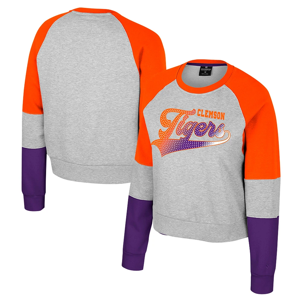 Girls Youth Colosseum Heather Gray Clemson Tigers Katinka Rhinestone Pullover Sweatshirt