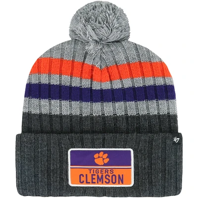 Men's '47 Charcoal Clemson Tigers Stack Striped Cuffed Knit Hat with Pom