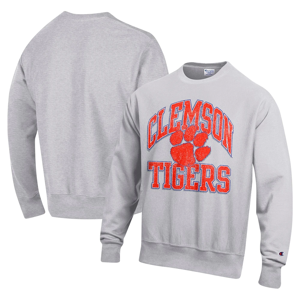 Men's Champion Heather Gray Clemson Tigers Vault Late Night Reverse Weave Pullover Sweatshirt