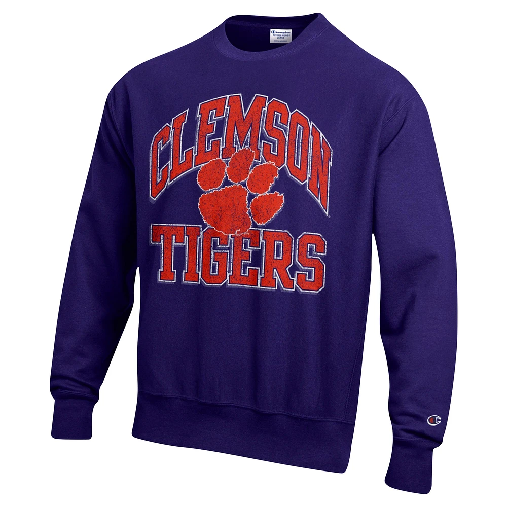 Men's Champion Purple Clemson Tigers Vault Late Night Reverse Weave Pullover Sweatshirt