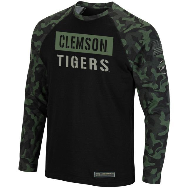 T-shirt à manches longues raglan Colosseum Black/Camo Clemson Tigers OHT Military Appreciation Big & Tall pour hommes