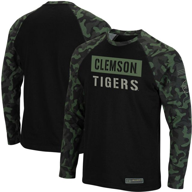 T-shirt à manches longues raglan Colosseum Black/Camo Clemson Tigers OHT Military Appreciation Big & Tall pour hommes