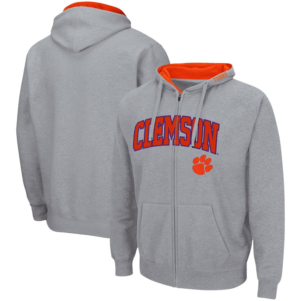 Men's Colosseum Heathered Gray Clemson Tigers Arch & Logo 3.0 Full-Zip Hoodie