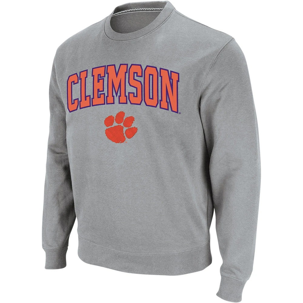 Men's Colosseum Heathered Gray Clemson Tigers Arch & Logo Crew Neck Sweatshirt