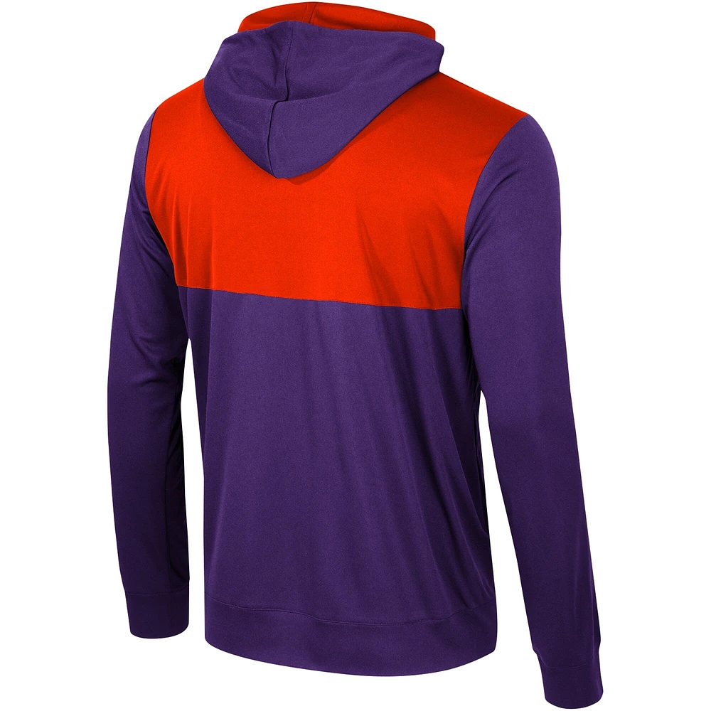 T-shirt à capuche manches longues pour hommes Colosseum Purple Clemson Tigers Warm Up