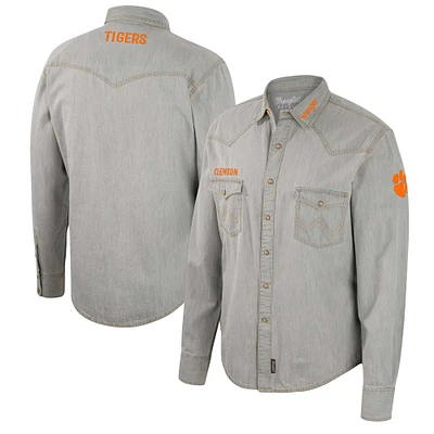 Colosseum x Wrangler Gris Clemson Tigers Cowboy Cut Western Full-Snap Chemise à manches longues pour homme