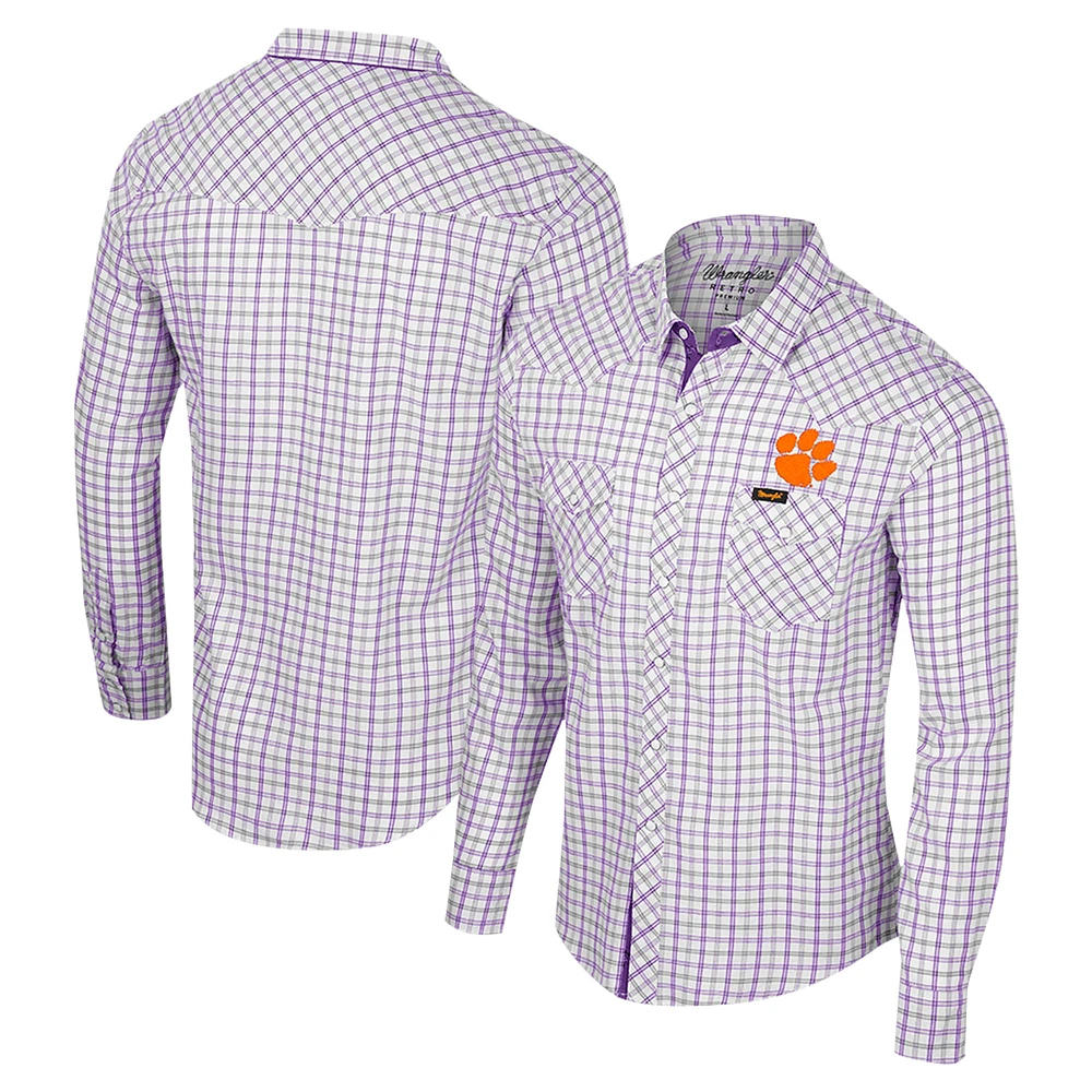 Men's Colosseum x Wrangler White Clemson Tigers Plaid Window Pane Long Sleeve Full-Snap Shirt