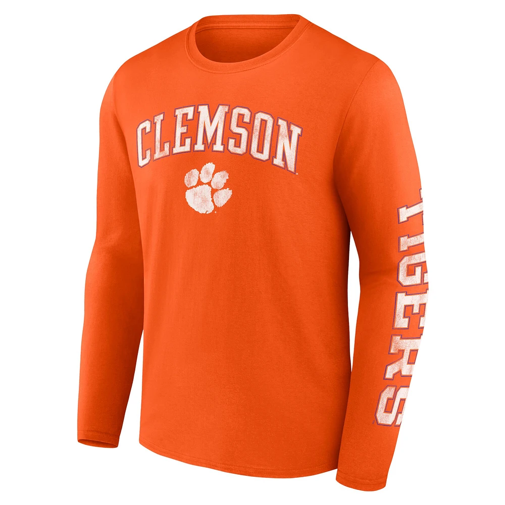 T-shirt à manches longues orange fanatiques pour hommes, Clemson Tigers, arc en détresse sur logo