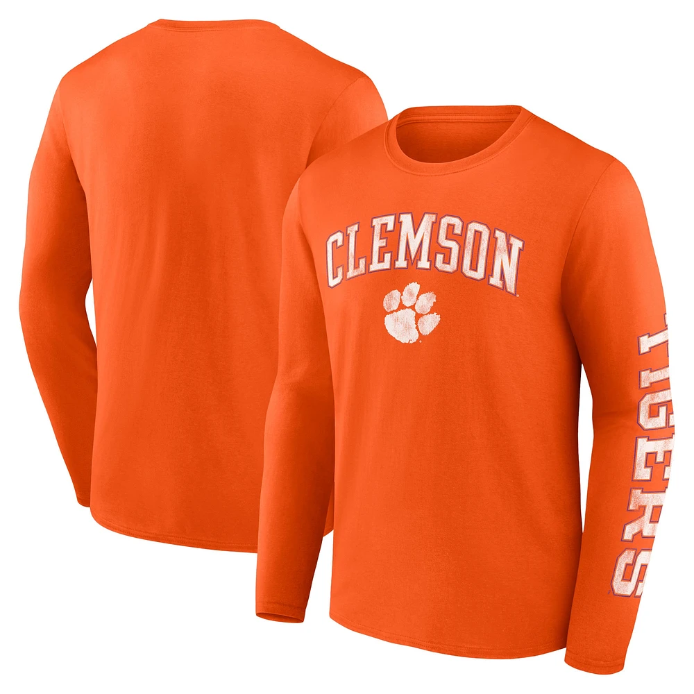 T-shirt à manches longues orange fanatiques pour hommes, Clemson Tigers, arc en détresse sur logo