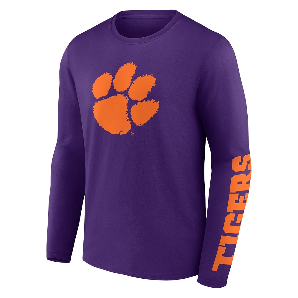 T-shirt à manches longues Fanatics Purple Clemson Tigers Double Time 2-Hit pour hommes