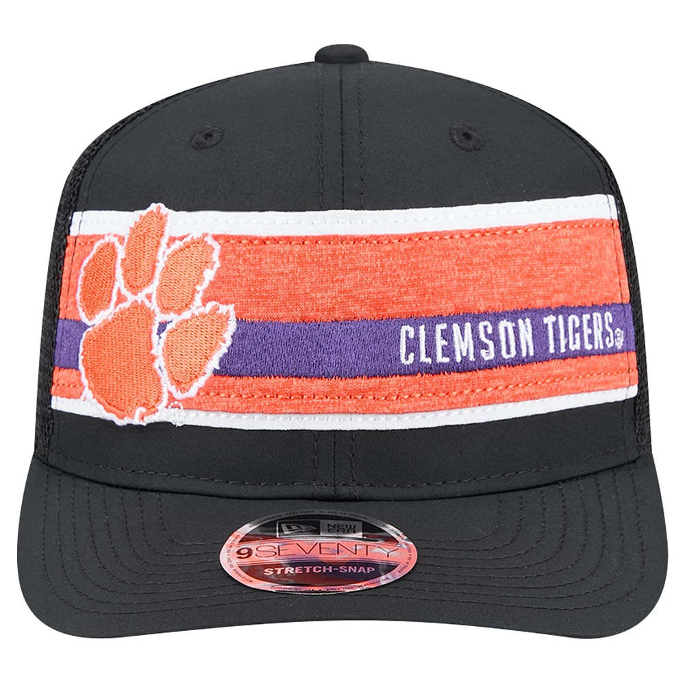 Casquette ajustable extensible à boutons-pression New Era noire/orange Clemson Tigers 9SEVENTY Trucker à rayures pour homme