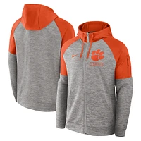 Sweat à capuche Nike Clemson Tigers Fitness Raglan Performance entièrement zippé pour homme, gris chiné