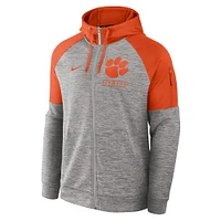 Sweat à capuche Nike Clemson Tigers Fitness Raglan Performance entièrement zippé pour homme, gris chiné