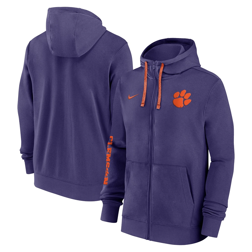 Sweat à capuche entièrement zippé Nike violet Clemson Tigers 2024 Sideline pour homme