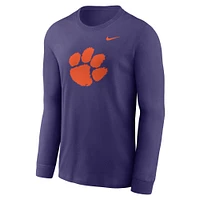 T-shirt à manches longues Nike violet avec logo principal des Clemson Tigers pour homme