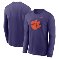 T-shirt à manches longues Nike violet avec logo principal des Clemson Tigers pour homme