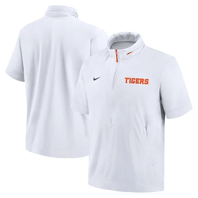 Men's Nike White Clemson Tigers 2024 Sideline Coach Short Sleeve Half-Zip Hoodie Jacket