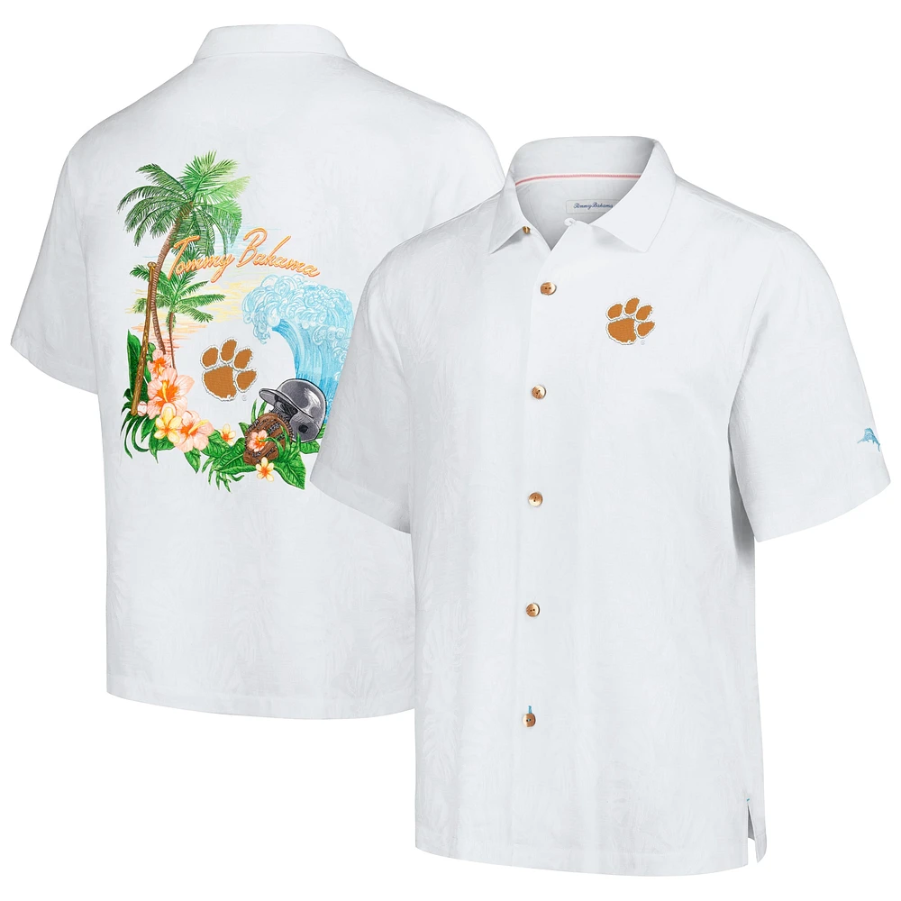 Chemise boutonnée Tommy Bahama blanche Clemson Tigers Castaway Game Camp pour hommes