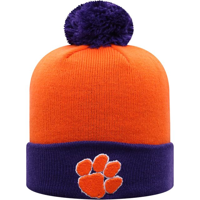 Bonnet pour hommes Top of the World orange/violet Clemson Tigers Core 2 tons à revers en tricot avec pompon