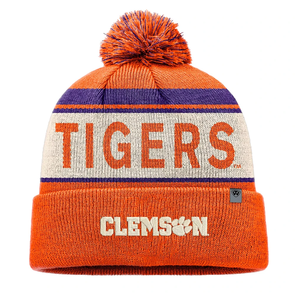 Bonnet tricoté à revers orange Top of the World pour homme avec pompon Clemson Tigers