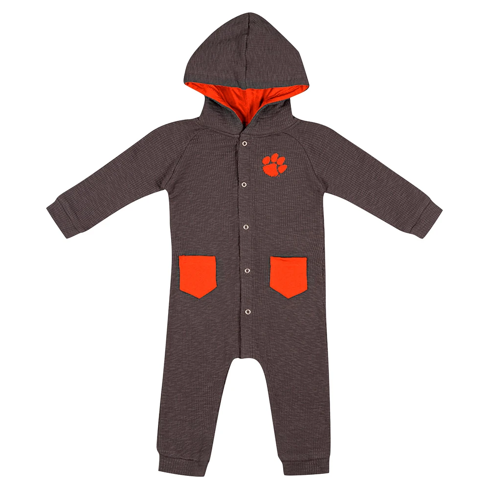 Barboteuse à capuche et boutons-pression en tissu gaufré Zando-Zan pour nouveau-né bébé Colosseum Charcoal Clemson Tigers