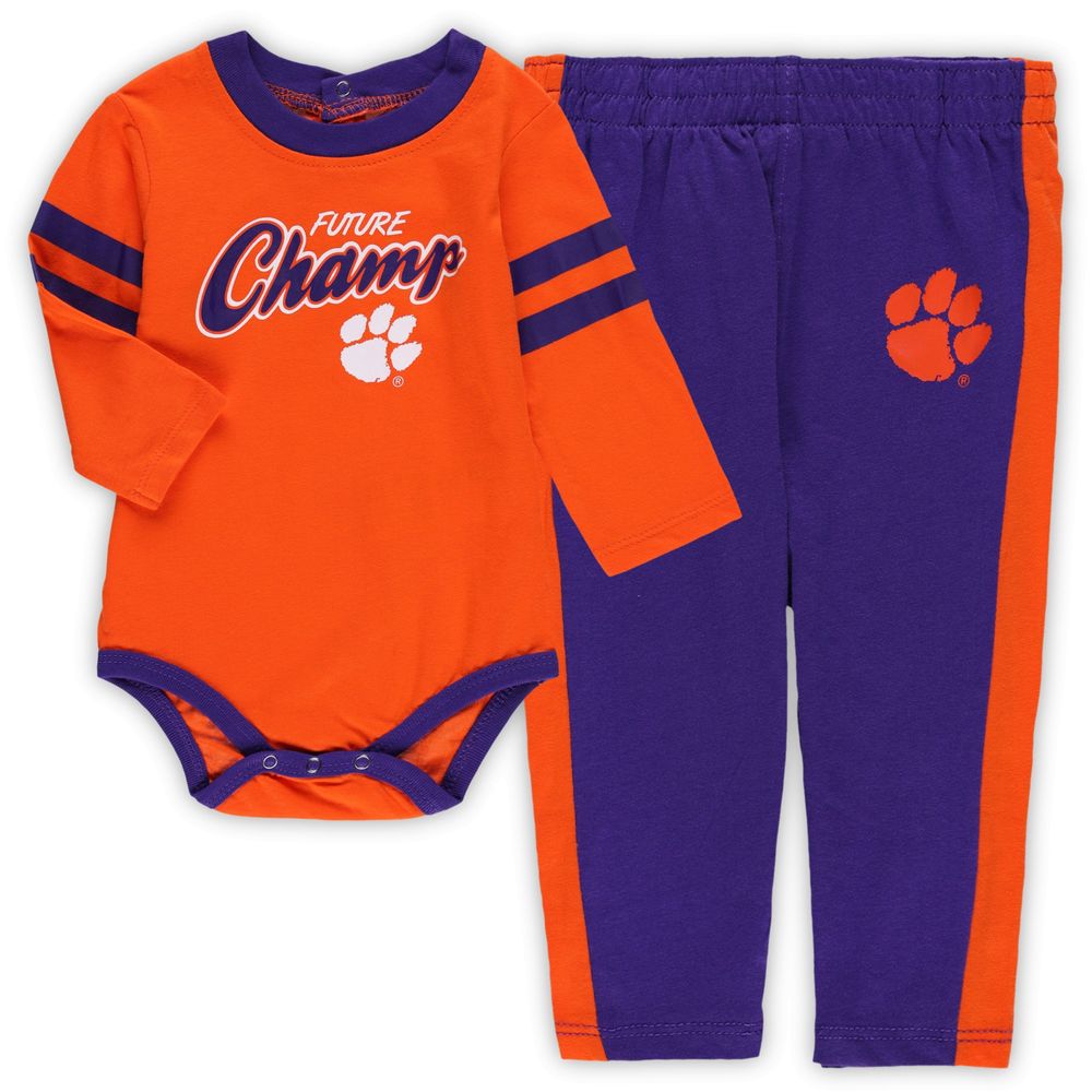 Newborn & Infant Orange/Purple Clemson Tigers Little Kicker Long Sleeve Bodysuit Sweatpants Set