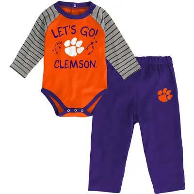 Clemson Tigers Newborn & Infant Touchdown 2.0 Raglan Long Sleeve Bodysuit Pants Set - Orange/Purple
