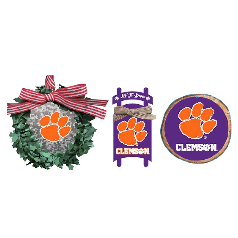 The Memory Company Clemson Tigers Three-Pack Wreath, Sled & Circle Ornament Set