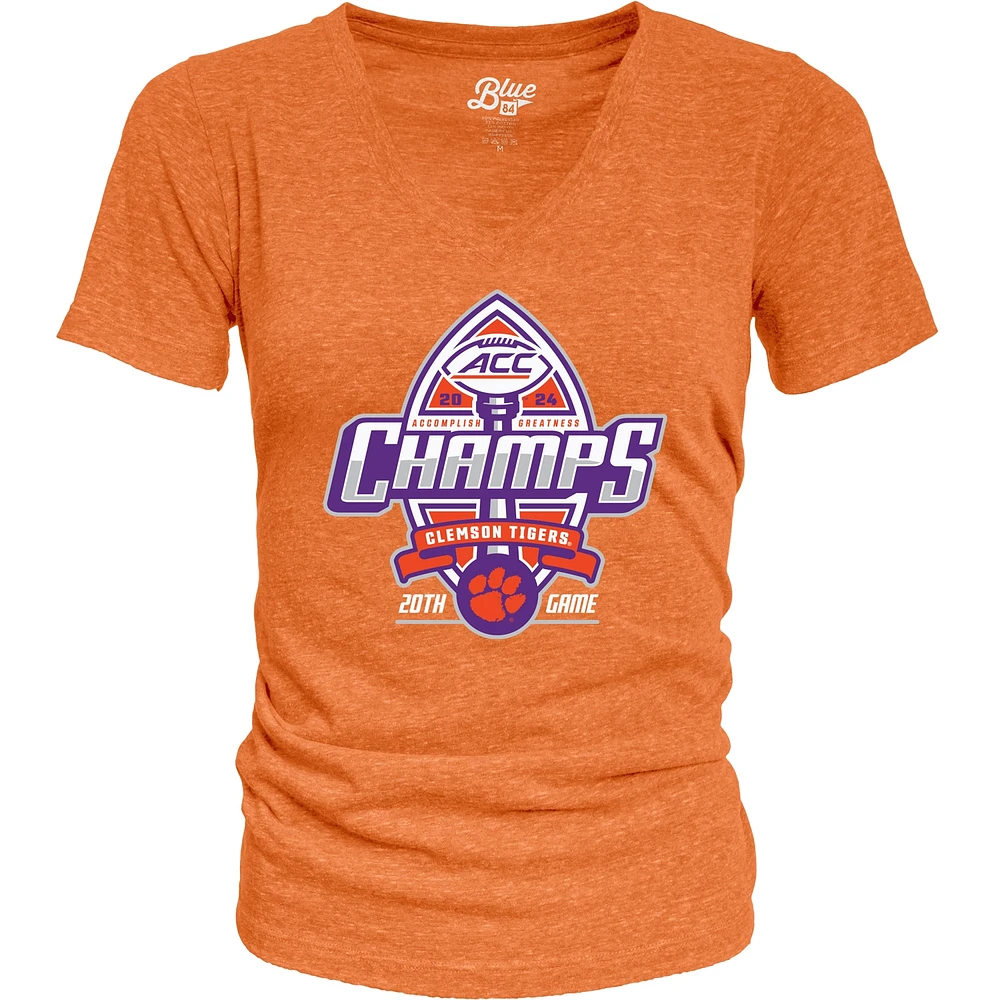 Women's Blue 84 Orange Clemson Tigers 2024 ACC Football Conference Champions Locker Room V-Neck T-Shirt