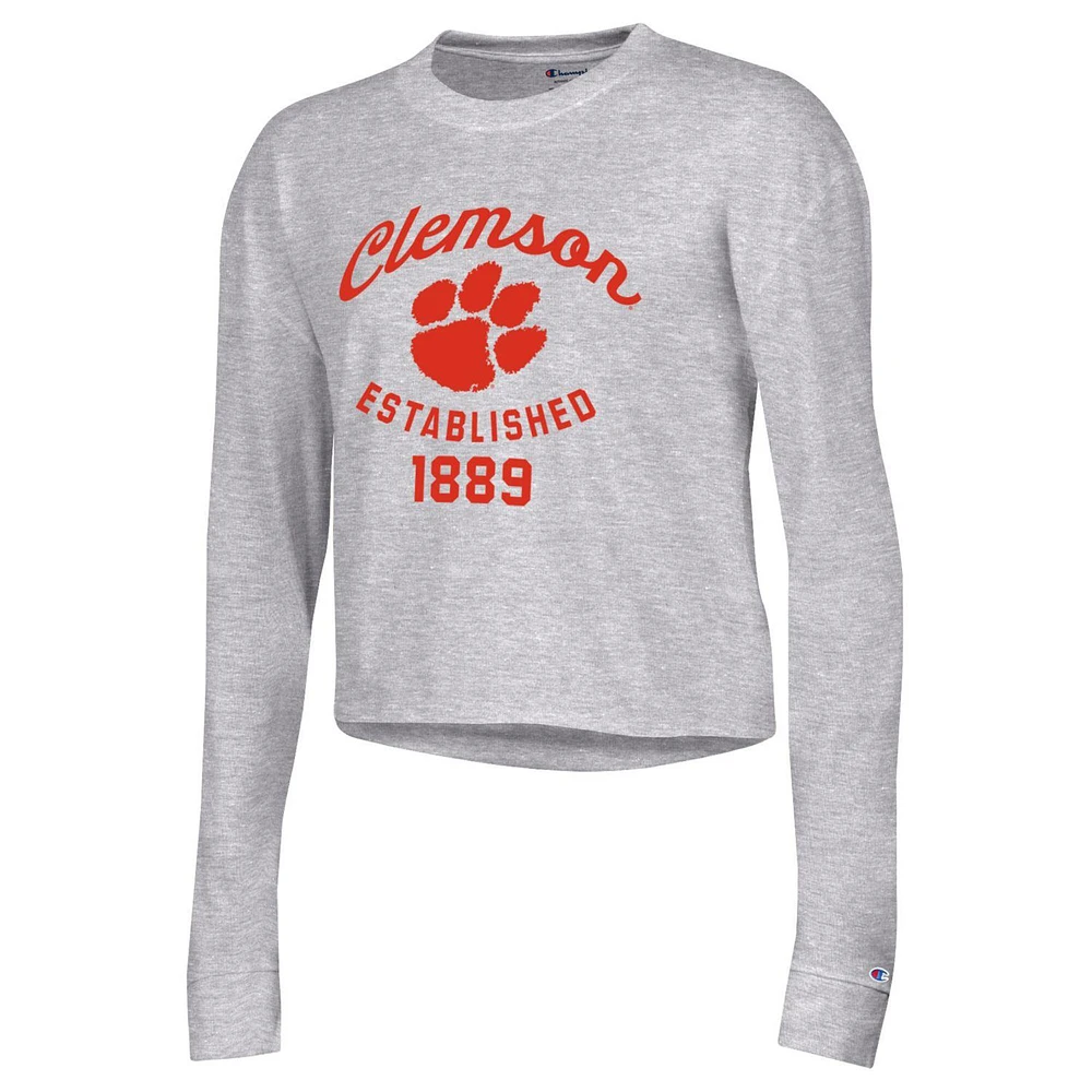 Women's Champion Gray Clemson Tigers Boyfriend Cropped Long Sleeve T-Shirt