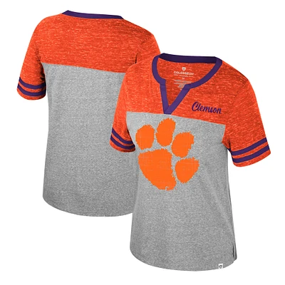 Women's Colosseum Heather Gray Clemson Tigers Kate Colorblock Notch Neck T-Shirt